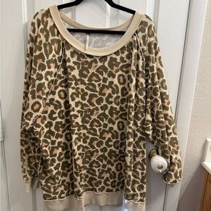 Free People Olive and Cream Leopard Print Pullover Sweatshirt